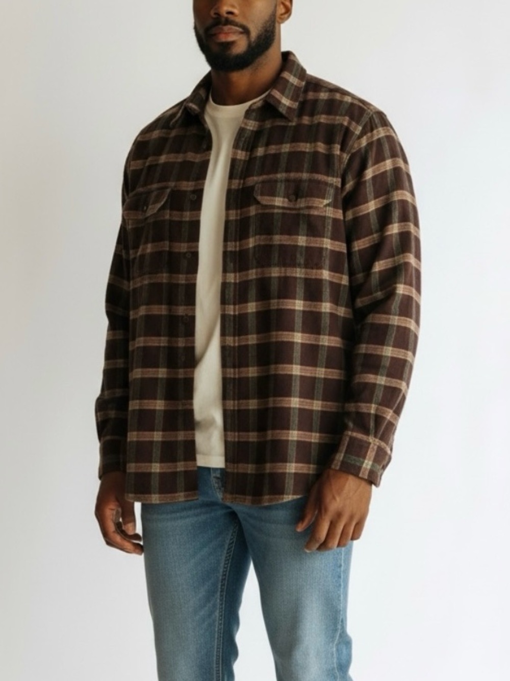IZOD Jeans Men’s 100% Cotton Brown Plaid Flannel Long Sleeve Button Up Shirt XL